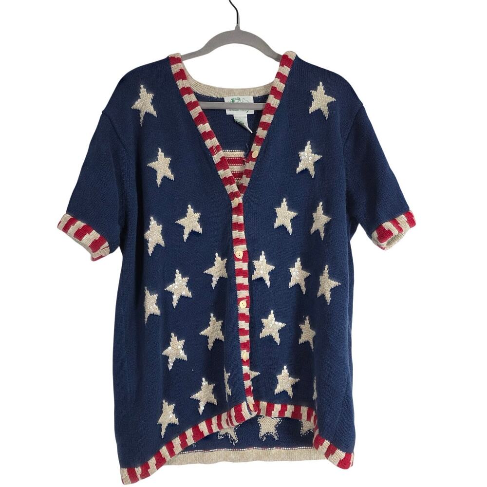 Quacker Factory Patriotic Star Shirt Sweater Womens Large Sequin USA Button 4th